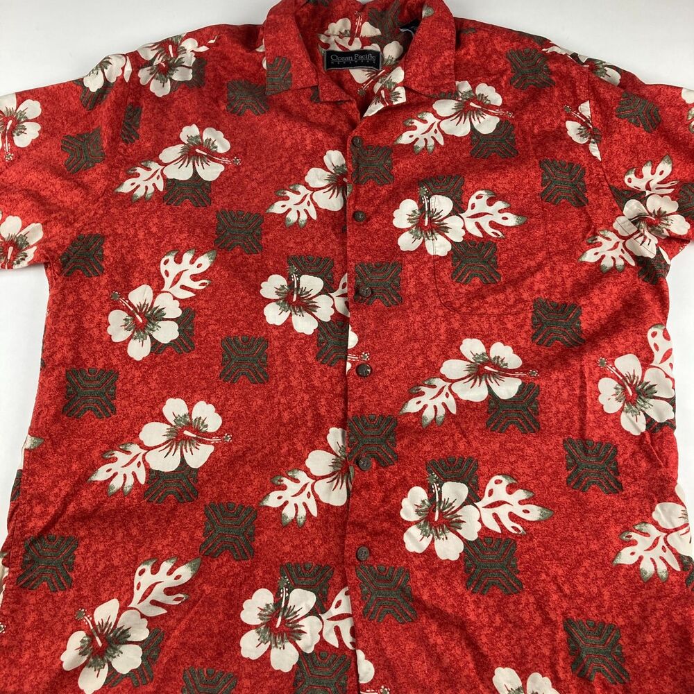 Ocean Pacific Mens Hawaiian Shirt XL Red Floral 100% Rayon Aloha Camp